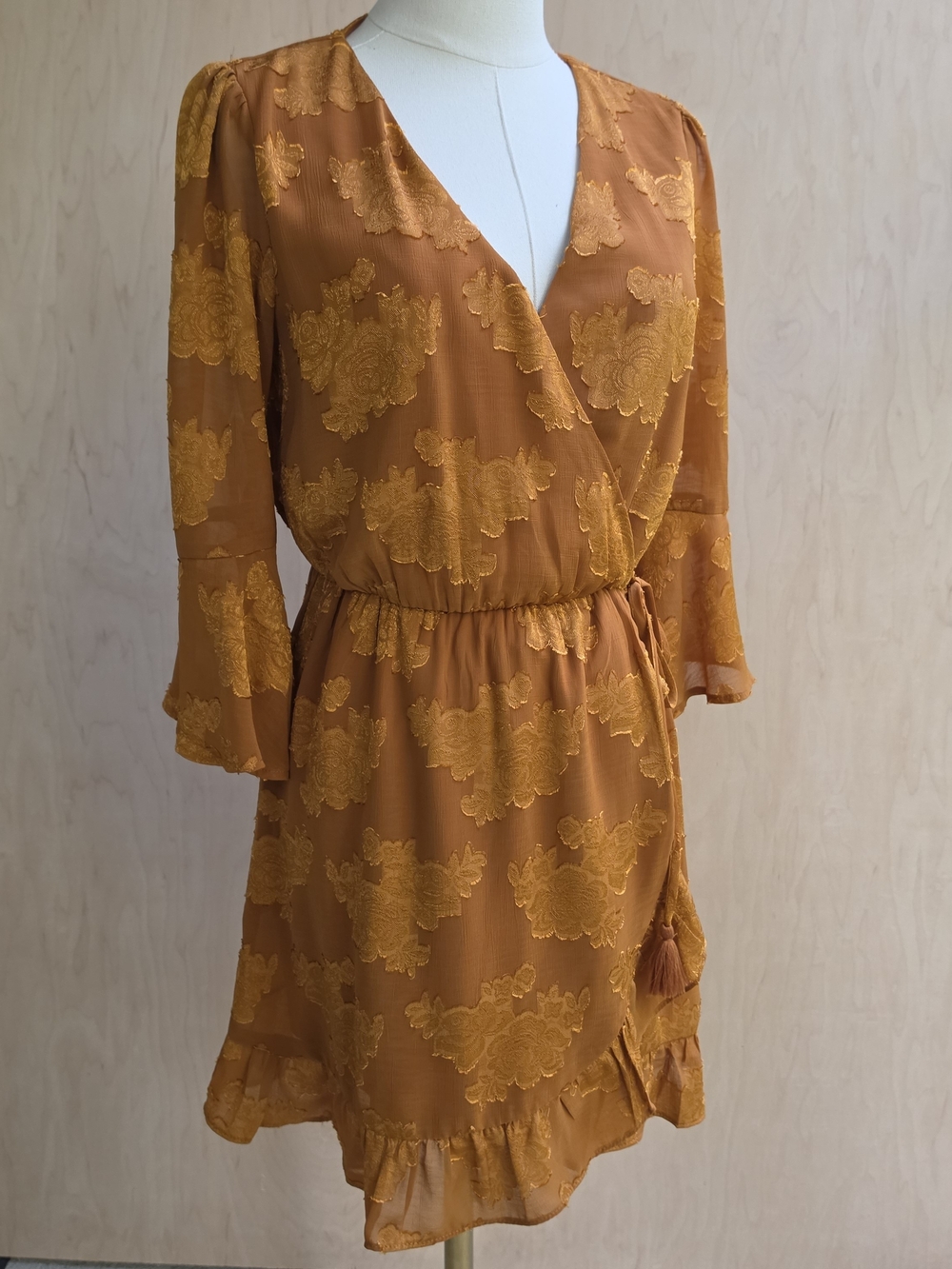 Women's Mustard Floral Wrap Mini Dress with Tassel Tie
